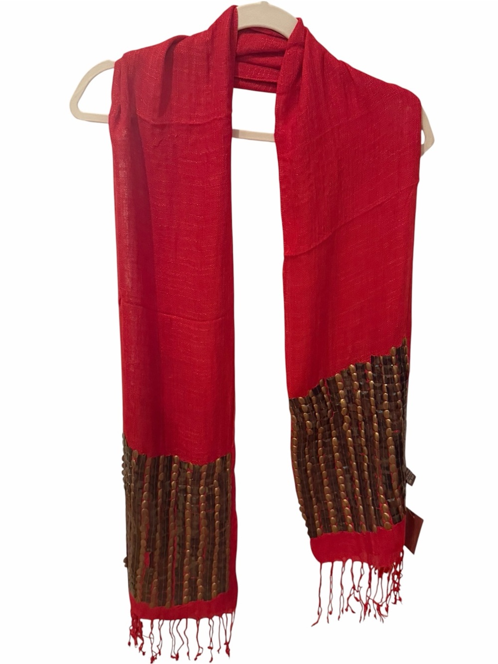 Raj Red Gold Beaded Embellished Cotton Skinny Scarf Fringe One Size NWT